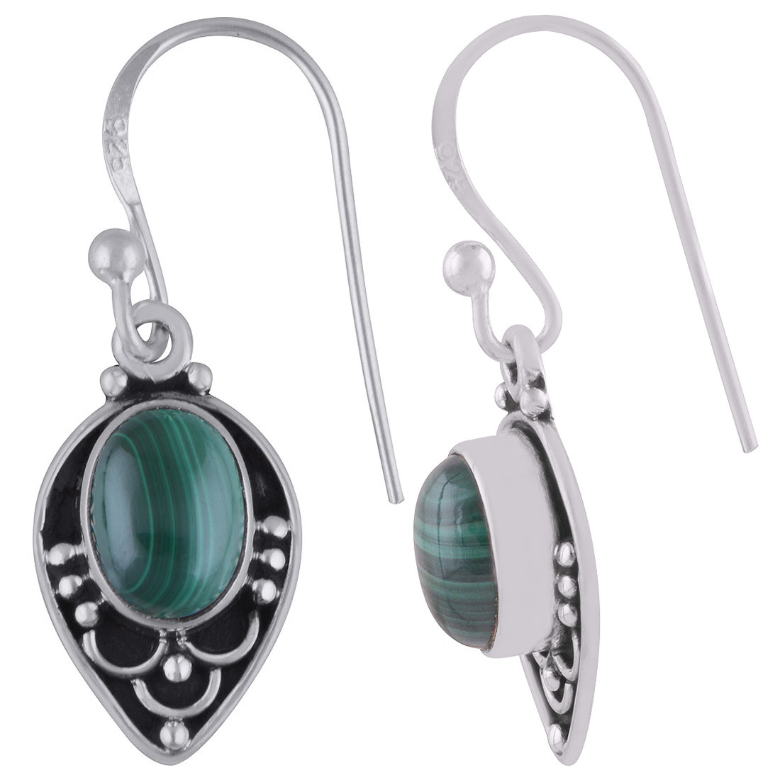 Malachite Natural Gemstone 925 Sterling Solid Silver Oval Cabochon Handmade Earrings Gender: Women