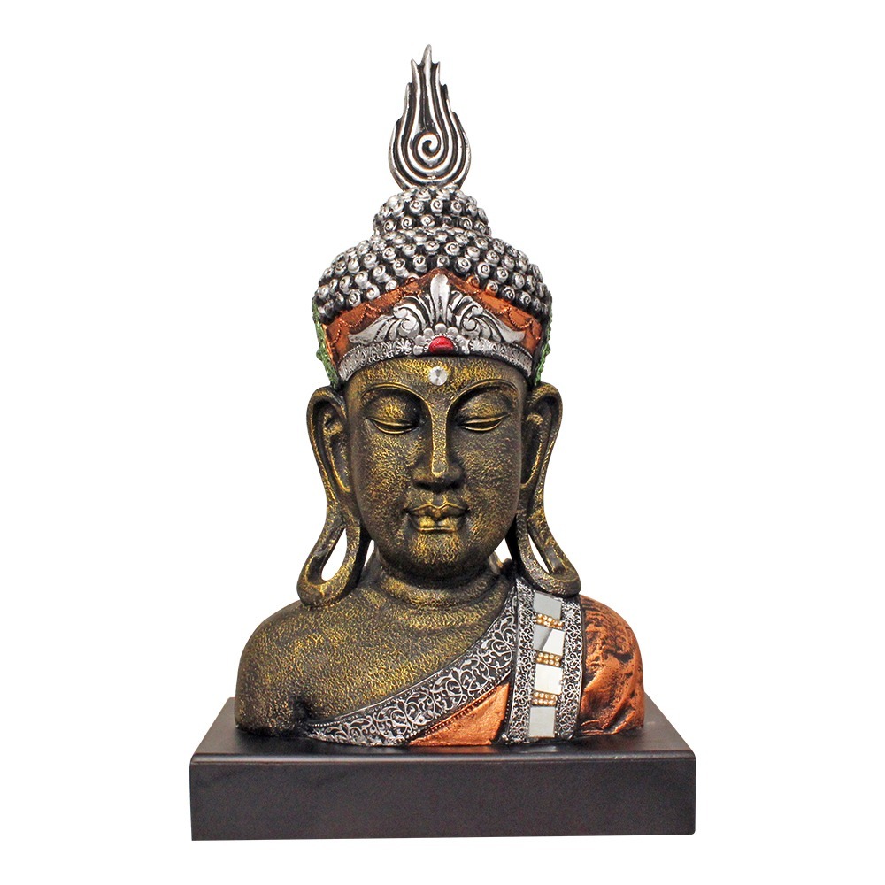 Multi Color Table Top Buddha Head Sculpture With Wooden Base