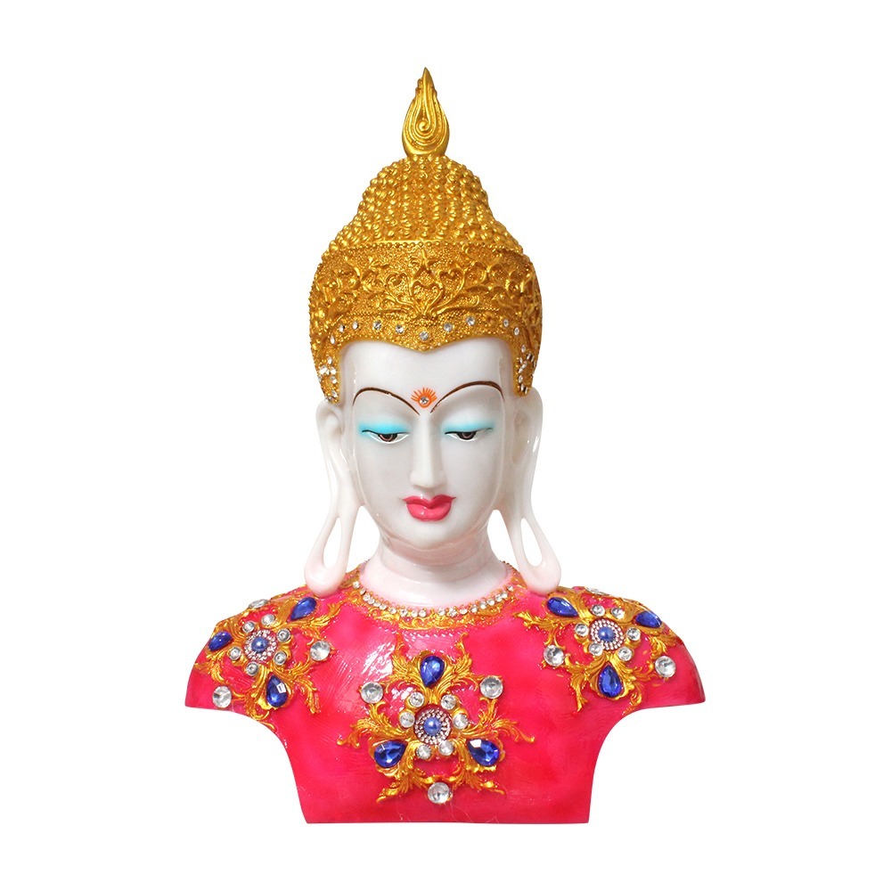 Multi Color Table Top Buddha Head Sculpture With Wooden Base
