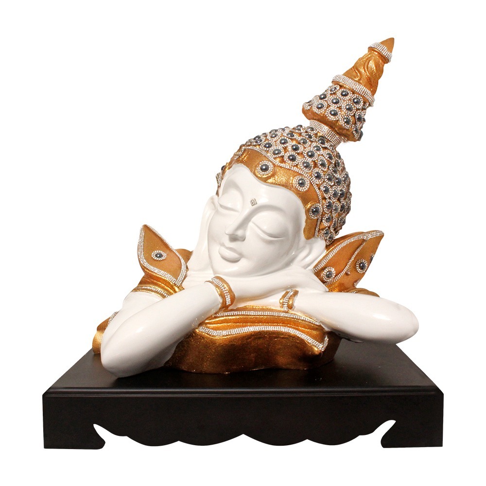 Multi Color Table Top Buddha Head Sculpture With Wooden Base