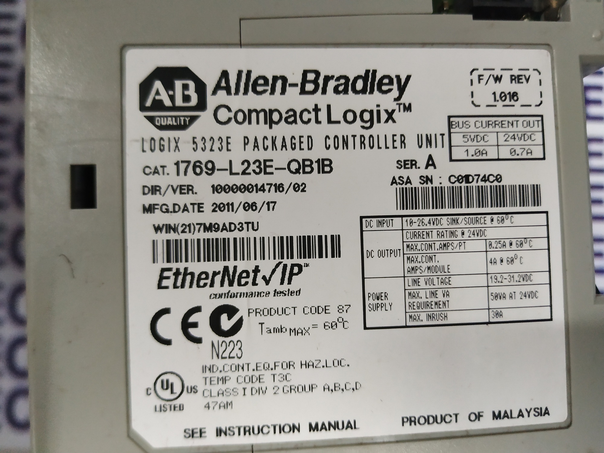 Allen Bradley Compactlogix Controller 1769-l23e-qb1b
