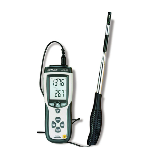 Metravi AVM-10 Digital Hot Wire Anemometer - Dual LCD Display, Measuring Airflow at 0.1 to 25 m/Sec and Temperature from 0 to 50°C / -32 to 122°F | USB Interface Enabled