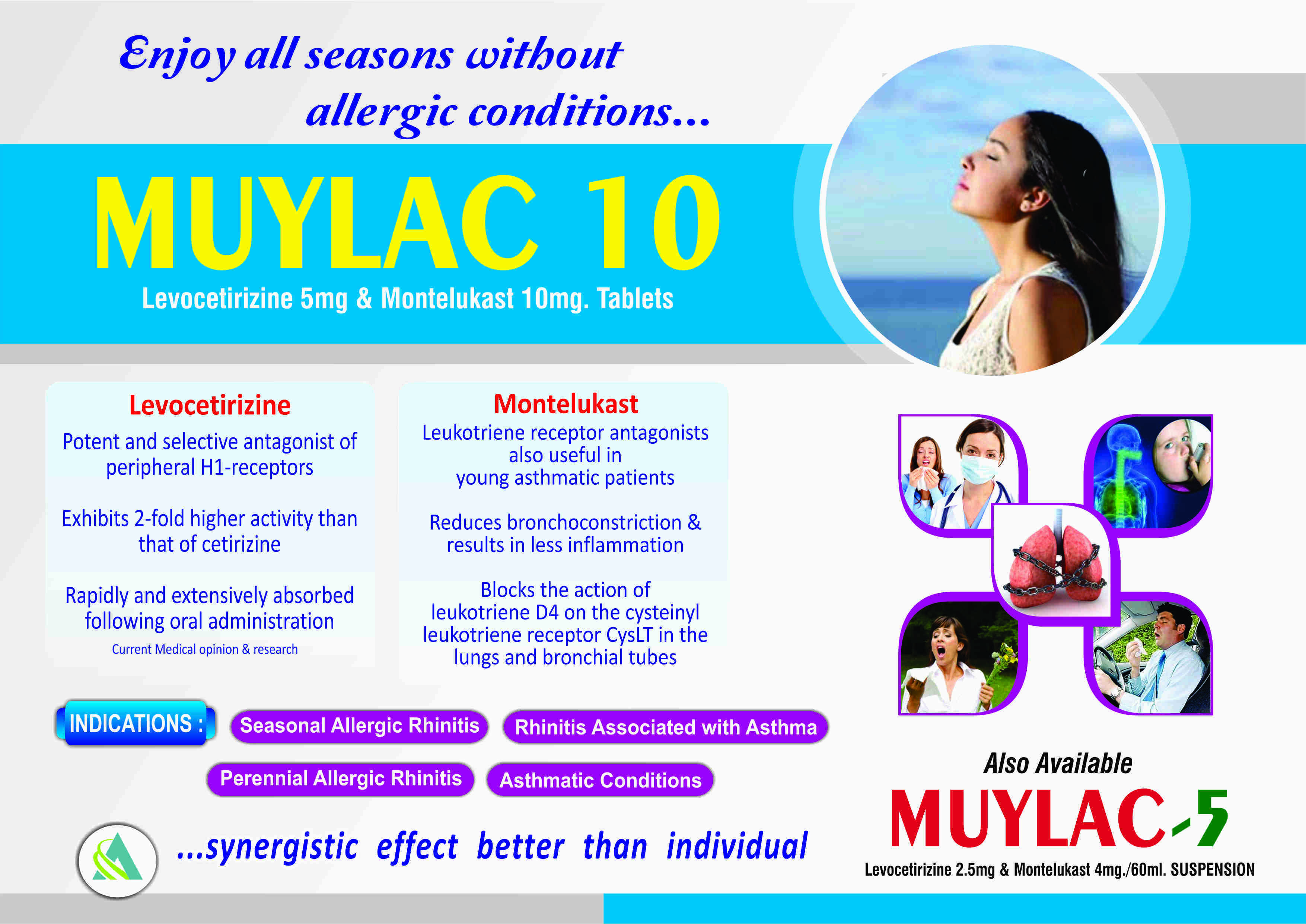 Muylac - Levocetrizine 5mg + Montelukast 10mg Tablets | Anti-bacterial, For Adults & Women, Recommended For Nausea, Headache, Skin Rash