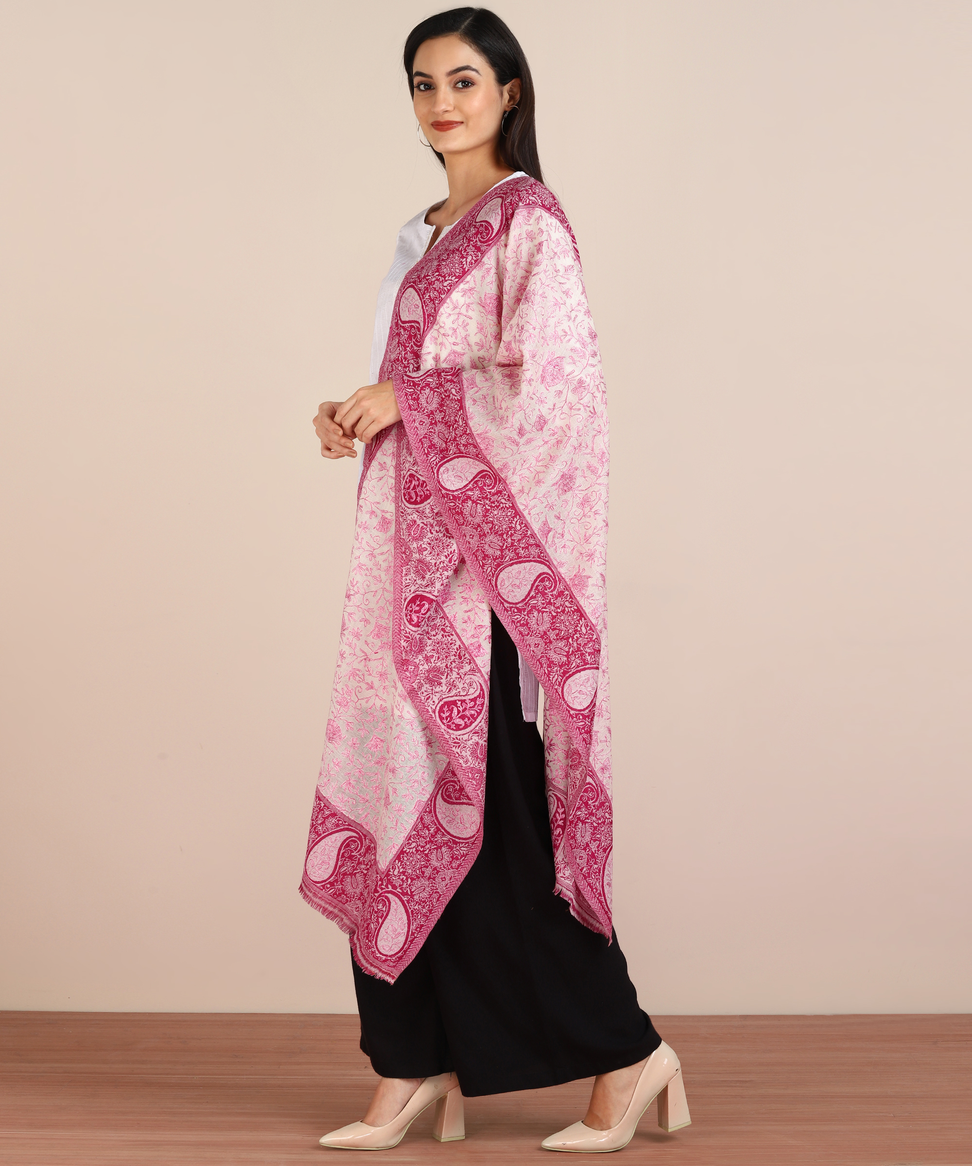 Multicolor Pashmina Fine Wool Lace With Shimmer Self Design Stole
