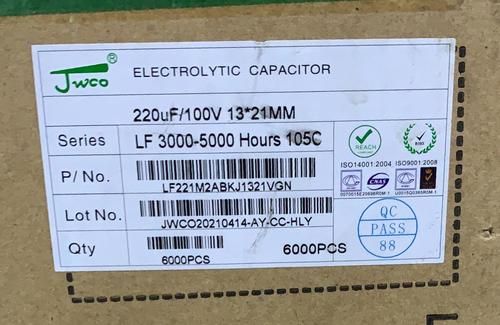 इलेक्ट्रोलाइटिक कैपेसिटर 220uf 100v Jwco(elcap)