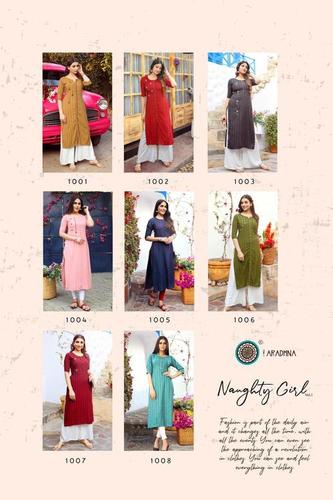 Naughty Girl Vol 1 By Aradhna Kurti Catalogue Set - Heavy Rayon Stripe, Sizes S(36)-4XL(48) | Customized Logo, 3-4th Sleeve, Washable, Liva Approved