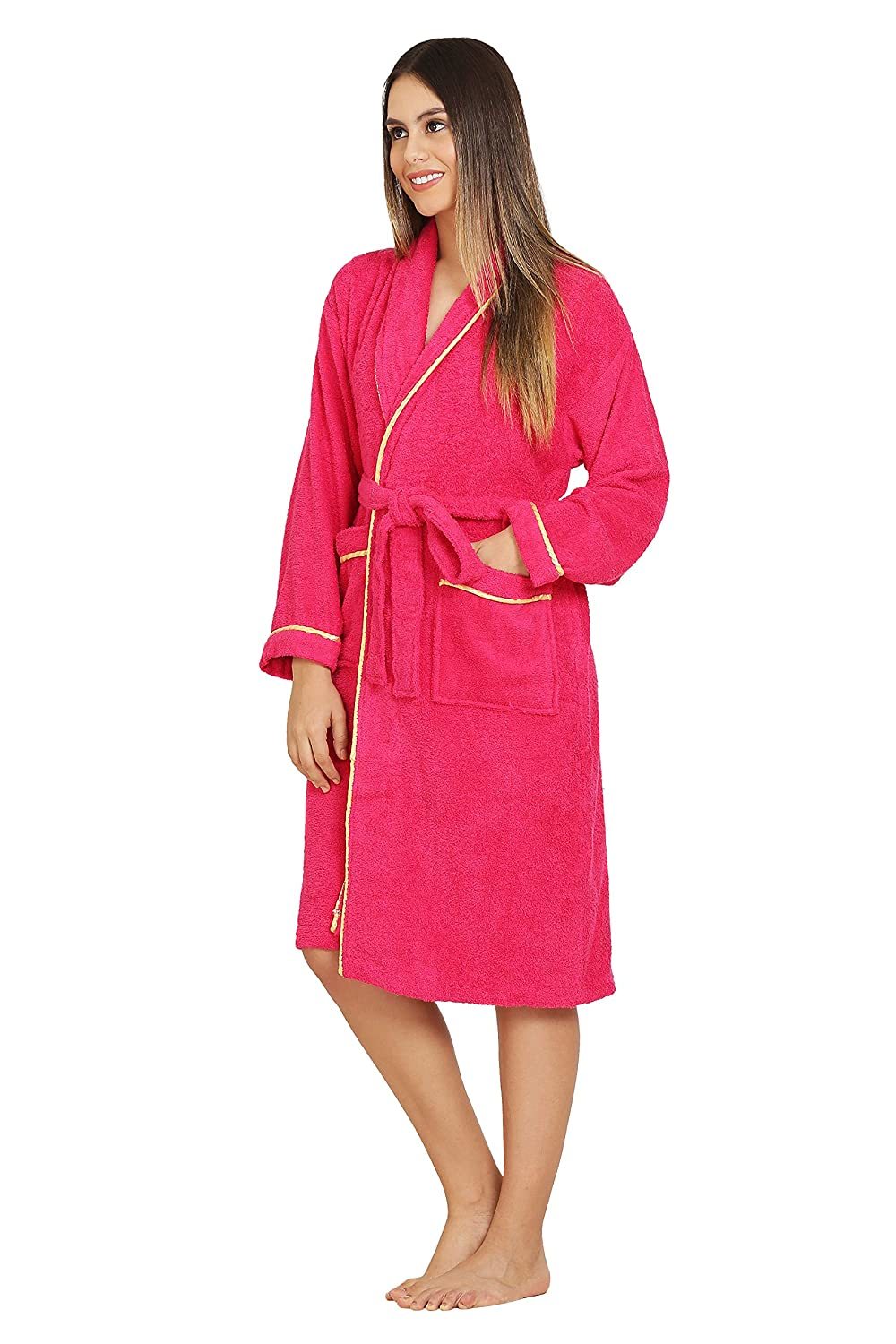 Divine Overseas Cotton Bathrobe - 100% Cotton, Xl Size 108 Cm Length, Romantic Fuchsia Color | Soft Ultra Soft Touch, 2 Pockets, Plain Dyed Terry Fabric, Suitable For Home, Hotel, Beach, Gift