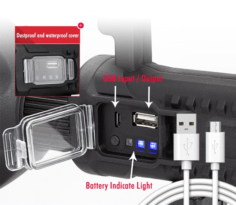 Black Realbuy Led Search Light 15w (Range 1 Km.) With 8000 Mah Lithium-ion Battery (Ip65 Water-proof)