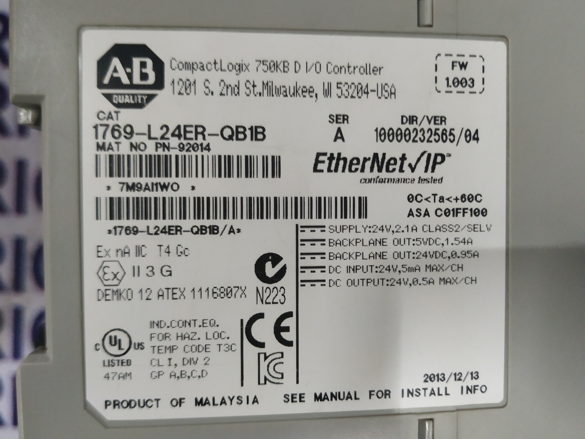 Allen Bradley Compactlogix Controller 1769-l24er-qb1b