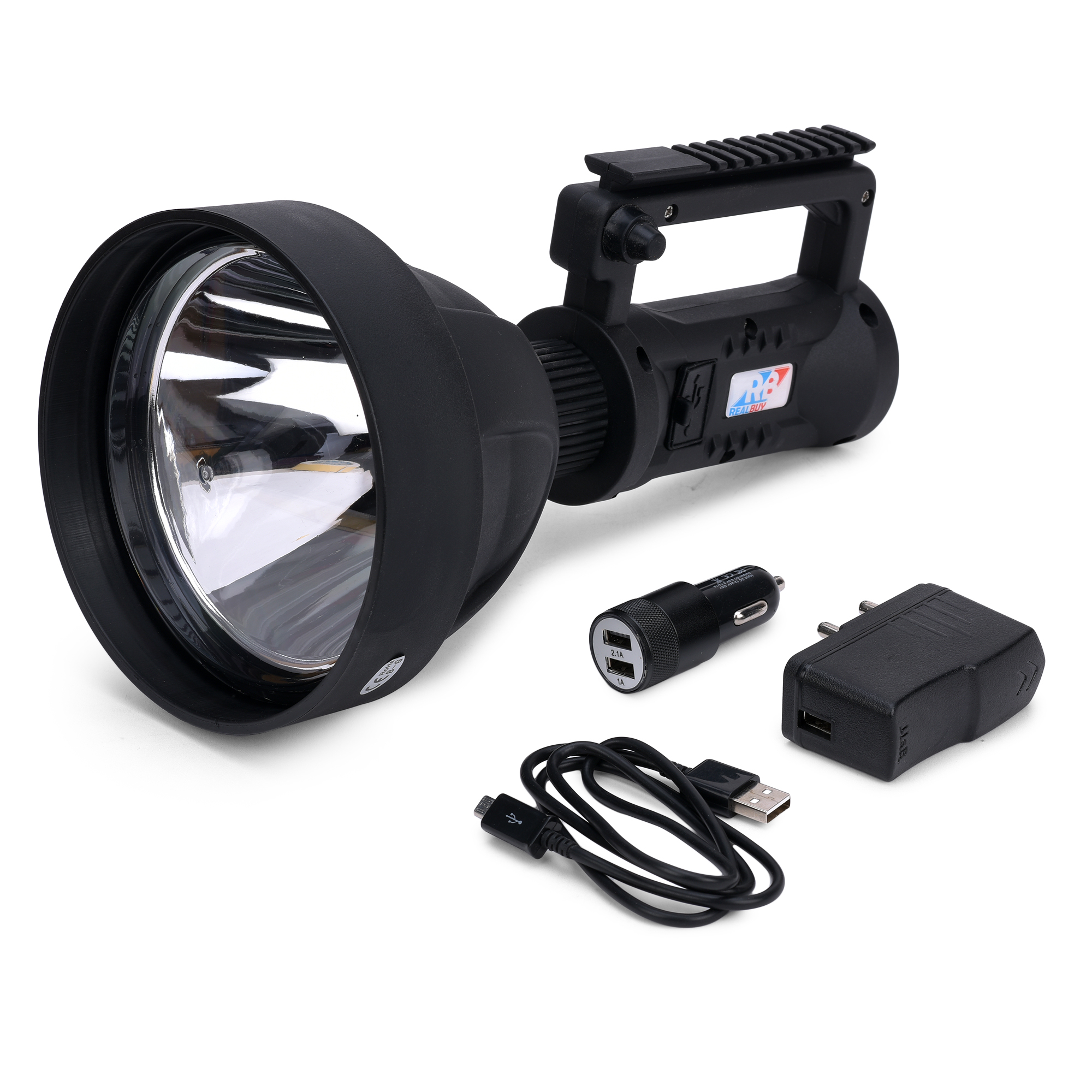 Black Realbuy Led Search Light 15w (Range 1 Km.) With 4000 Mah Lithium Battery (Ip65 Water-proof)