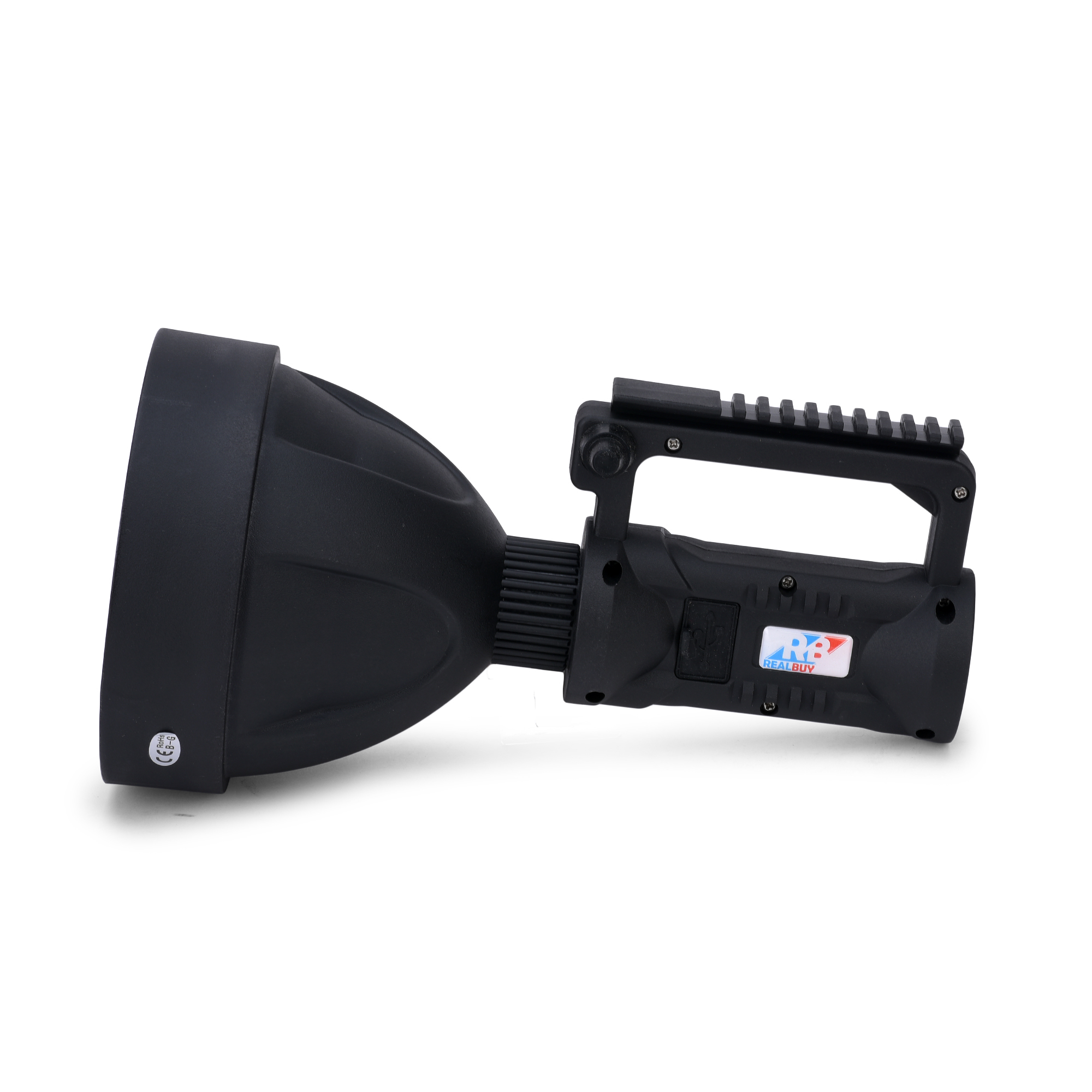 Black Realbuy Led Search Light 15w (Range 1 Km.) With 4000 Mah Lithium Battery (Ip65 Water-proof)