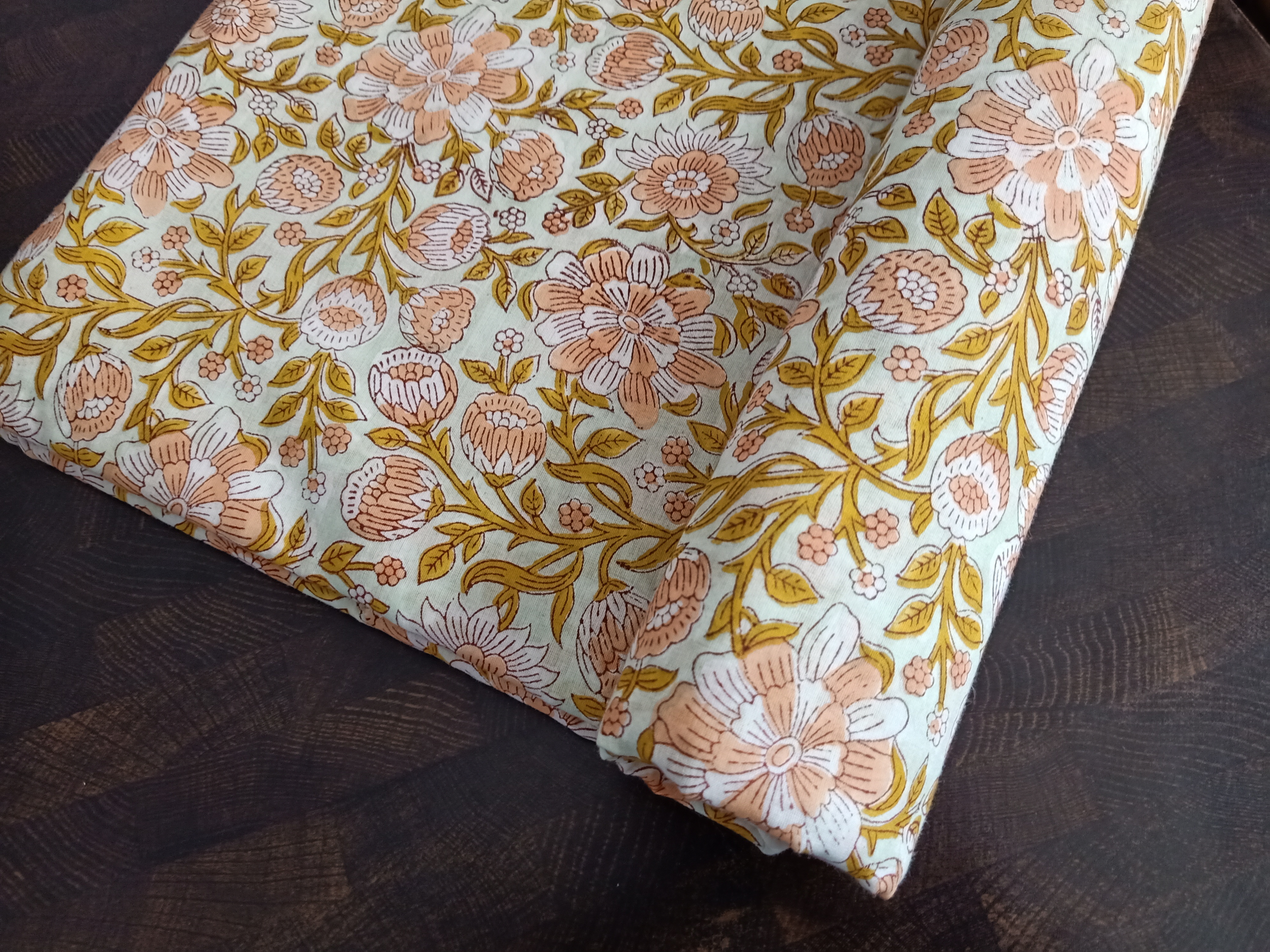 Floral Hand Block Print Fabric - 100 Gsm Cotton, 44 Inches Wide, Peach Color | 92x88 Thread Count, Artisanal Hand-crafted Design, Lightweight And Soft