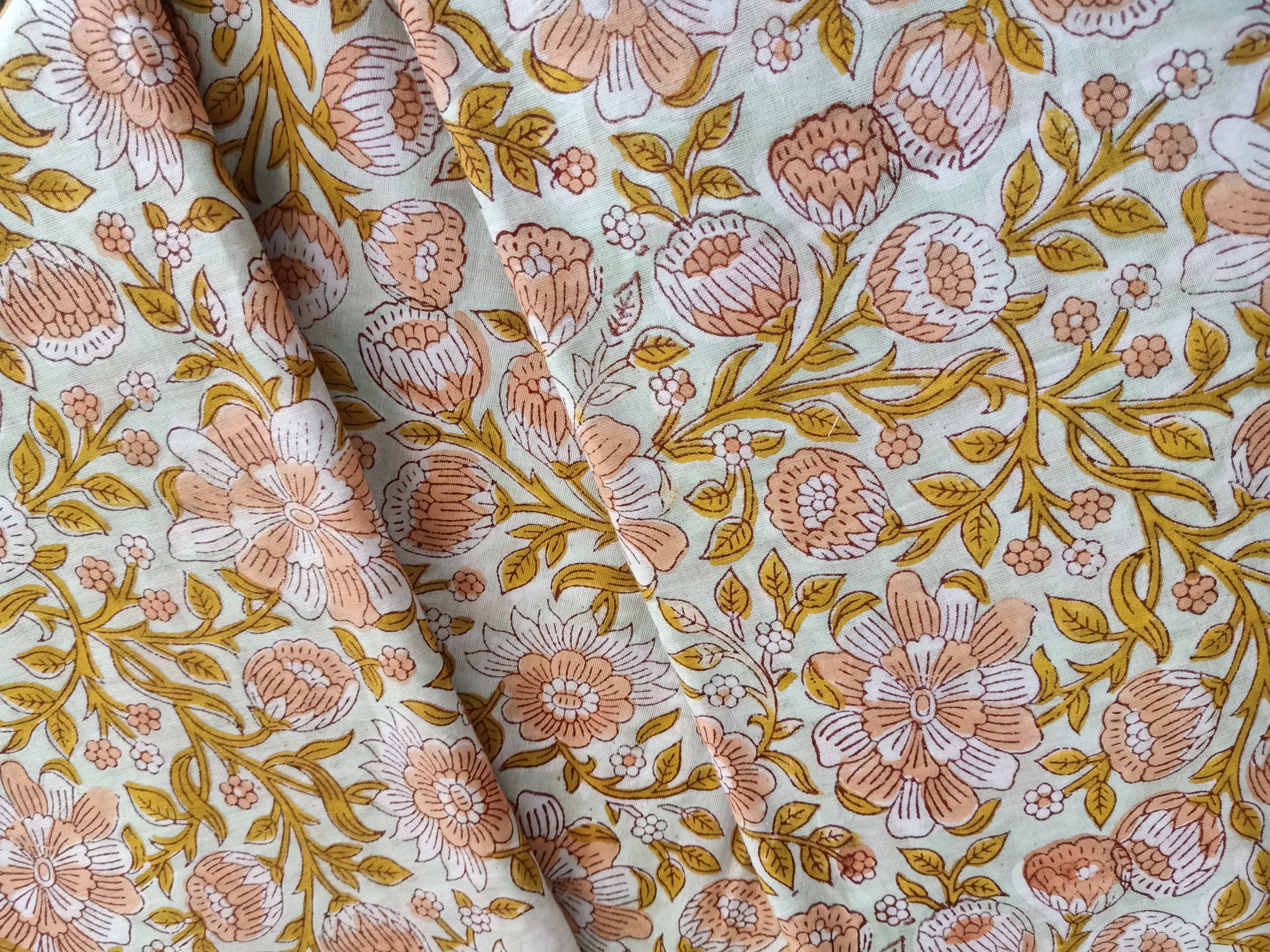 Floral Hand Block Print Fabric - 100 Gsm Cotton, 44 Inches Wide, Peach Color | 92x88 Thread Count, Artisanal Hand-crafted Design, Lightweight And Soft