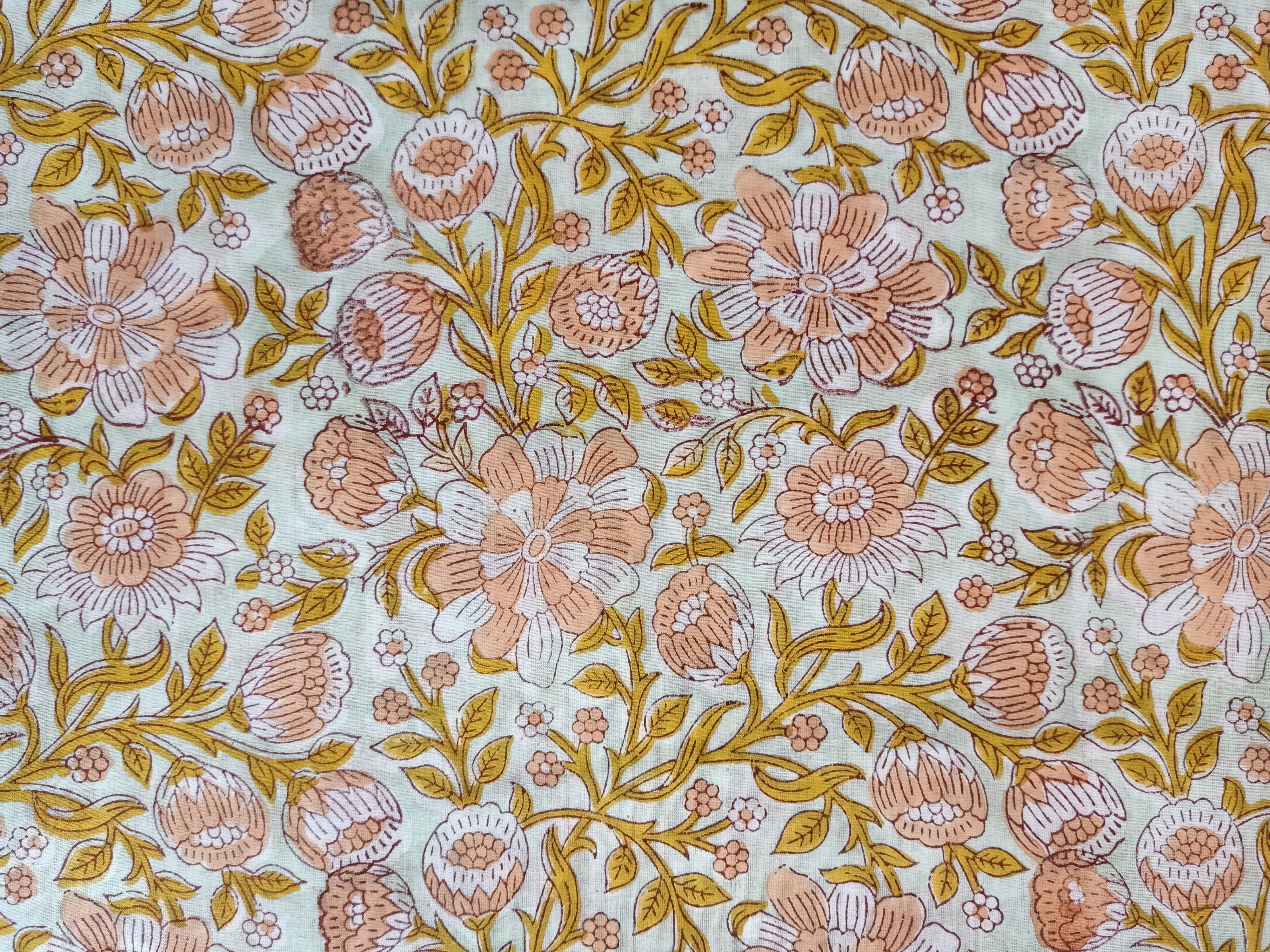 Floral Hand Block Print Fabric - 100 Gsm Cotton, 44 Inches Wide, Peach Color | 92x88 Thread Count, Artisanal Hand-crafted Design, Lightweight And Soft