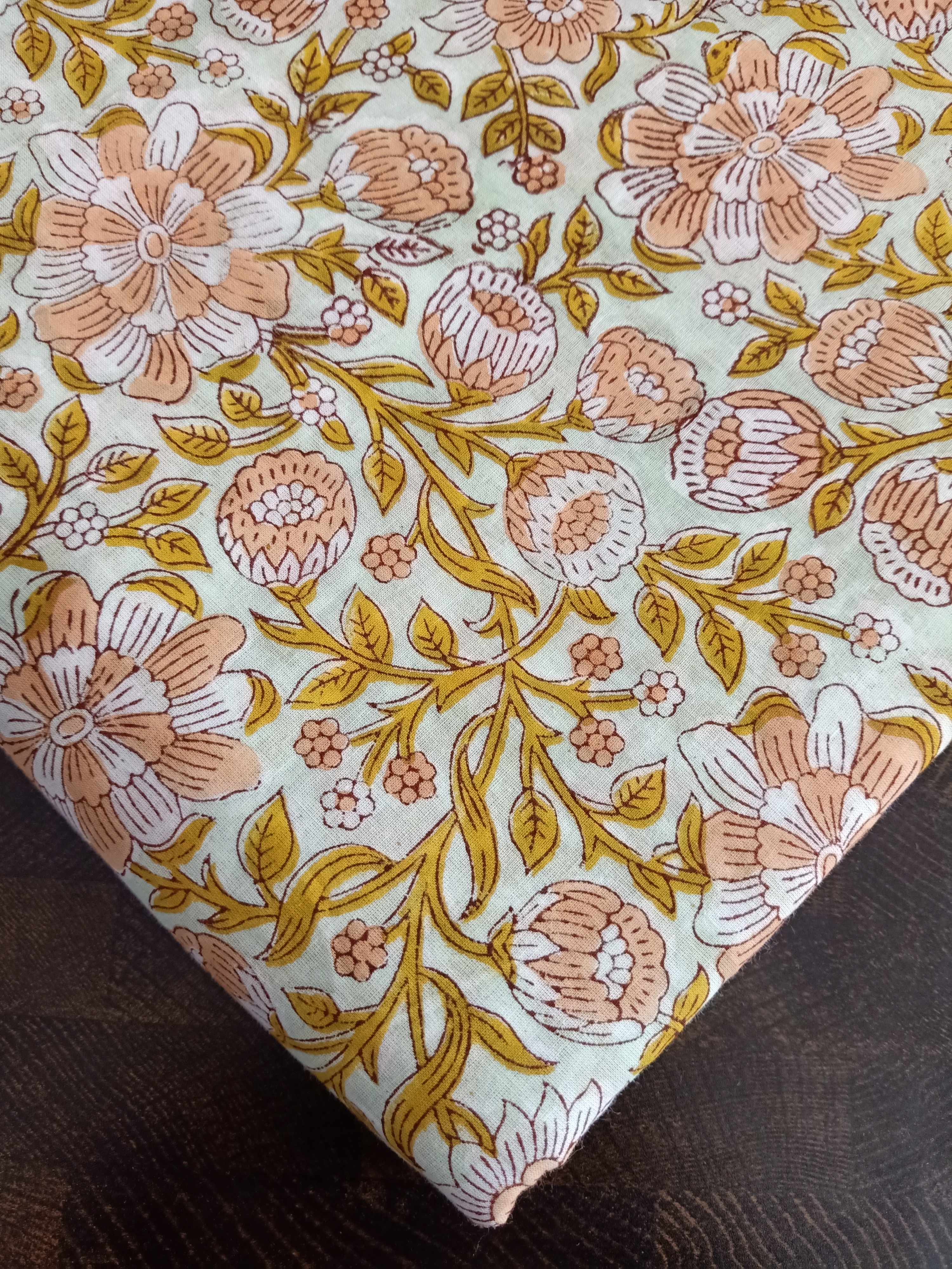 Floral Hand Block Print Fabric - 100 Gsm Cotton, 44 Inches Wide, Peach Color | 92x88 Thread Count, Artisanal Hand-crafted Design, Lightweight And Soft