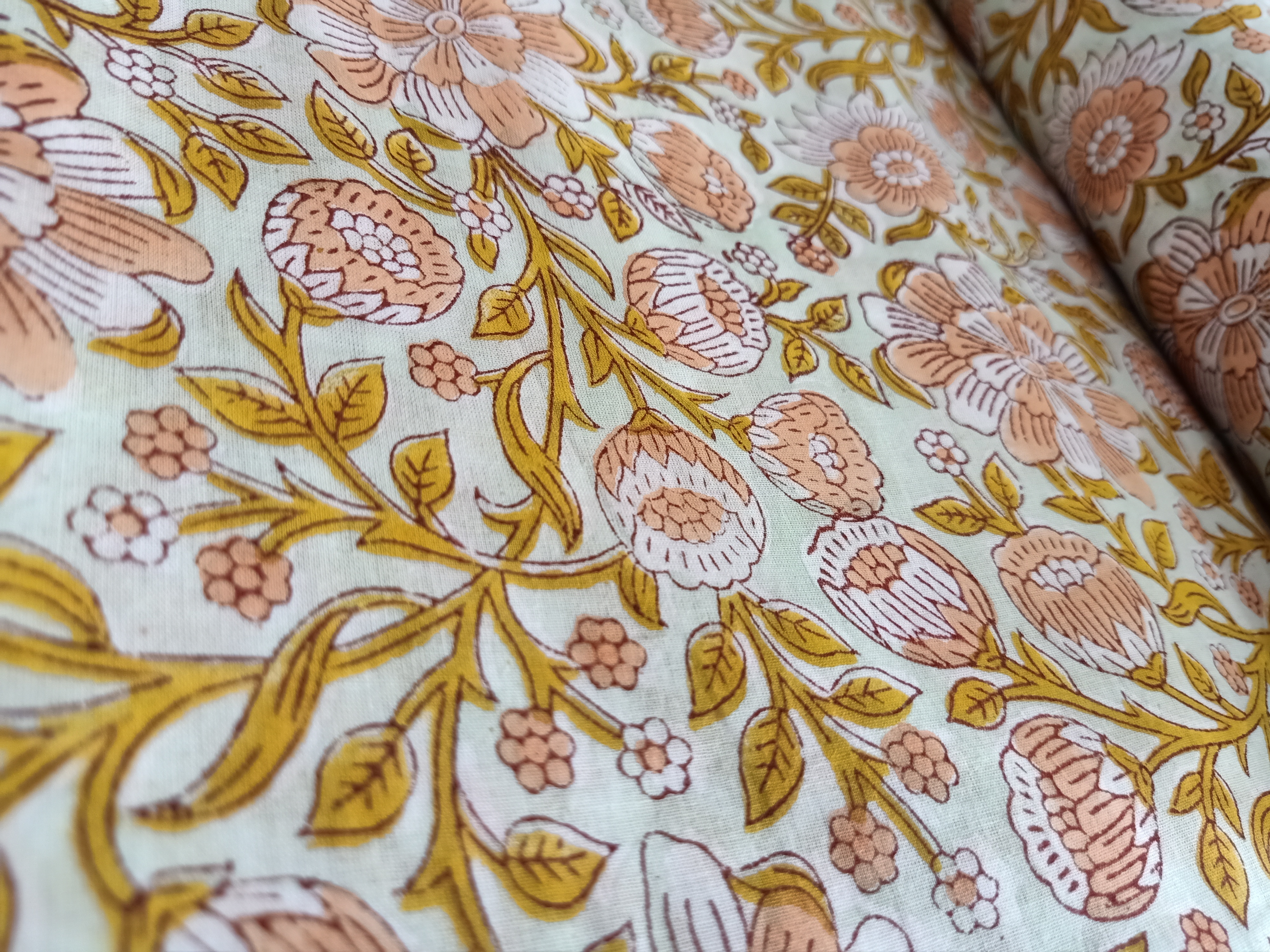Floral Hand Block Print Fabric - 100 Gsm Cotton, 44 Inches Wide, Peach Color | 92x88 Thread Count, Artisanal Hand-crafted Design, Lightweight And Soft