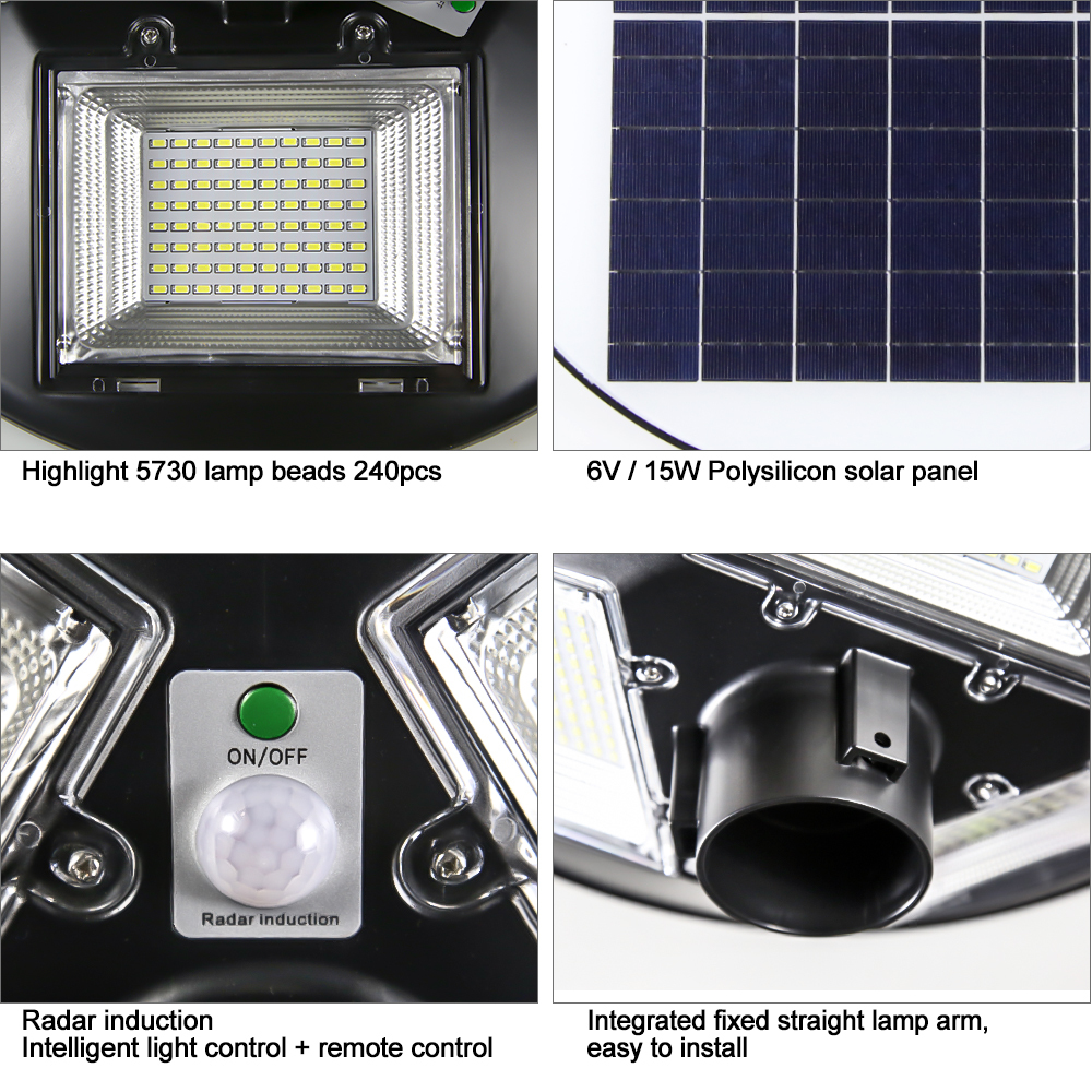 Black Solar Led Courtyard Lamp 120w With Remote-controller Motion Sensor (Built-in 15000 Mah Lifepo4 Battery And 15 W Solar Panel - Cool White 6500k)