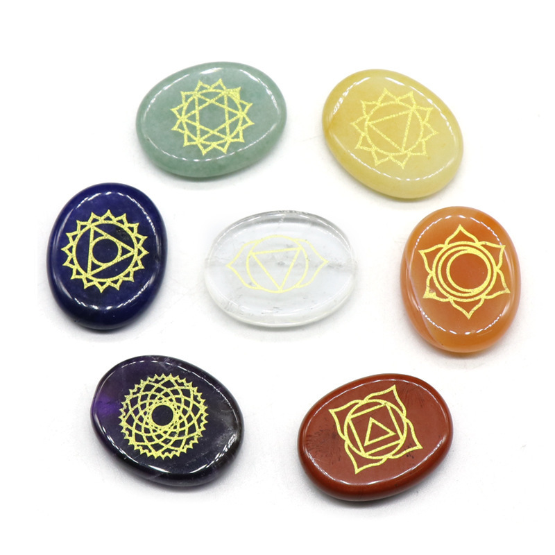 7 Chakra Stones Set - Gemstone Palm Stone 20mm X 25mm, Carved Jade, Feng Shui Theme For Love, Eco-friendly Collection & Gift