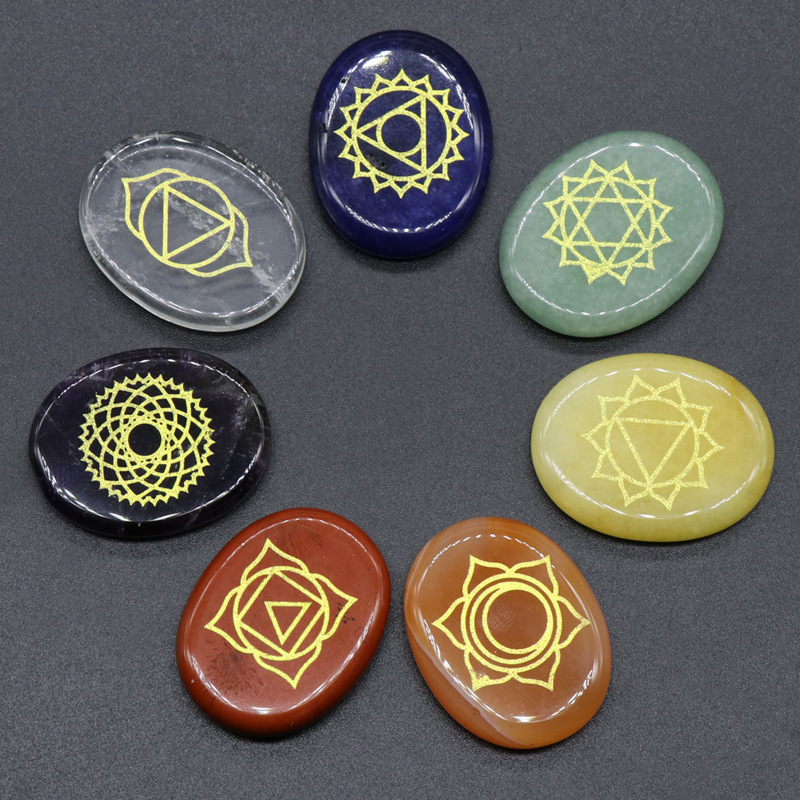 7 Chakra Stones Set - Gemstone Palm Stone 20mm X 25mm, Carved Jade, Feng Shui Theme For Love, Eco-friendly Collection & Gift