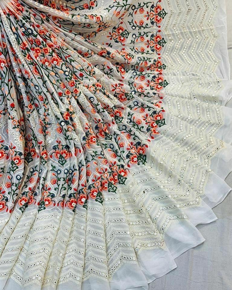 Fancy Lakhnavi Fabrics - Georgette, 48 Inch Width, 30 Meter Length | Embroidered Patterns, Perfect For Clothing, Home Furnishings, And Festive Wear