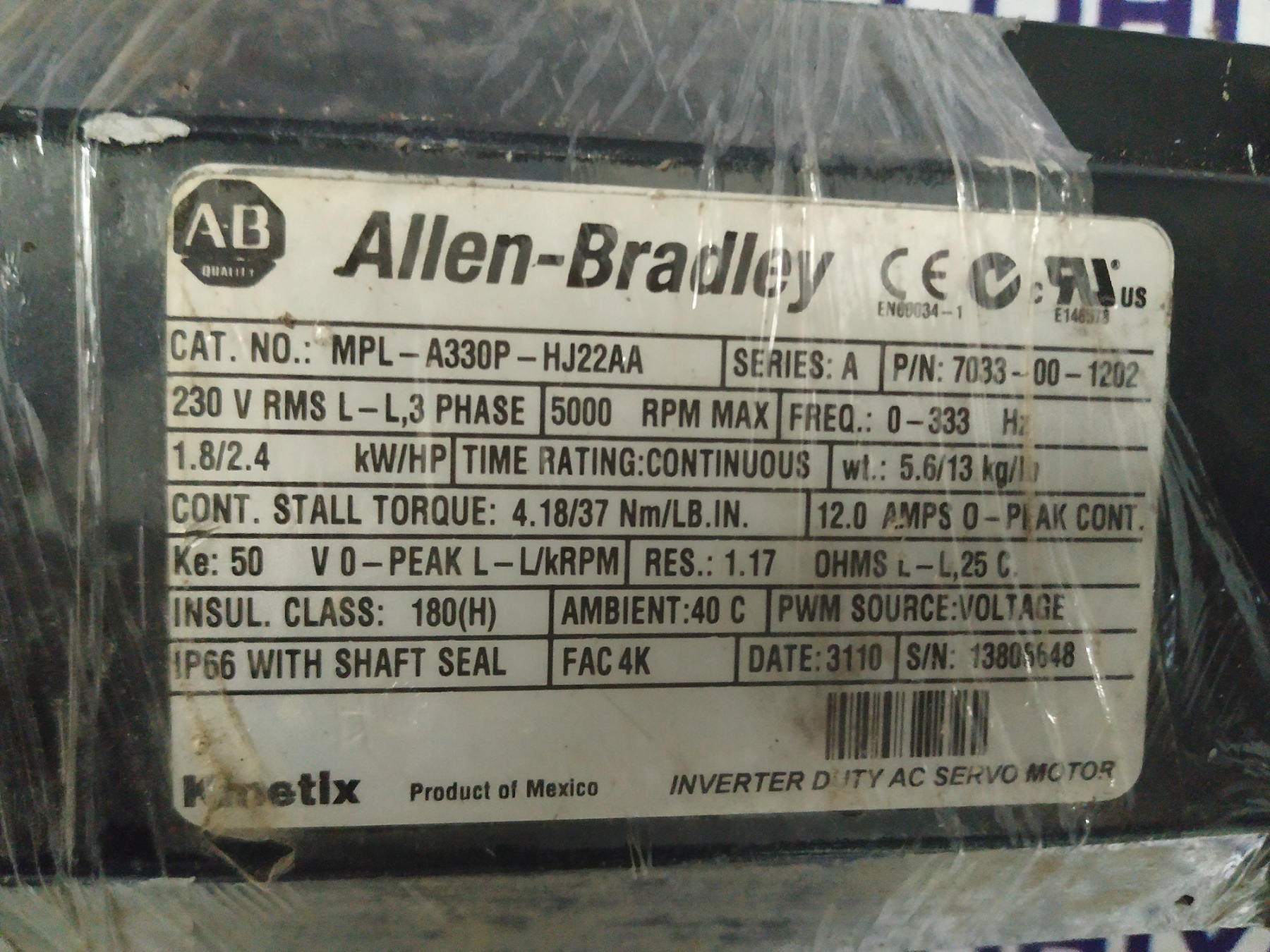 Allen Bradley Servo Motor Mpl-a330p-hj22aa