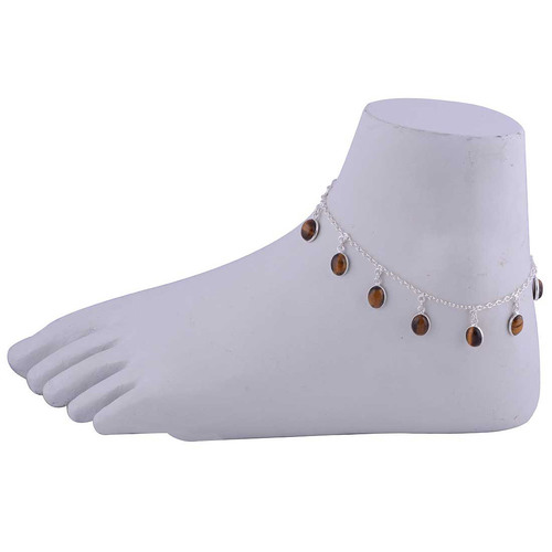 Tiger Eye Natural Gemstone Oval 925 Sterling Solid Silver Handmade Anklet Size: Length: 10