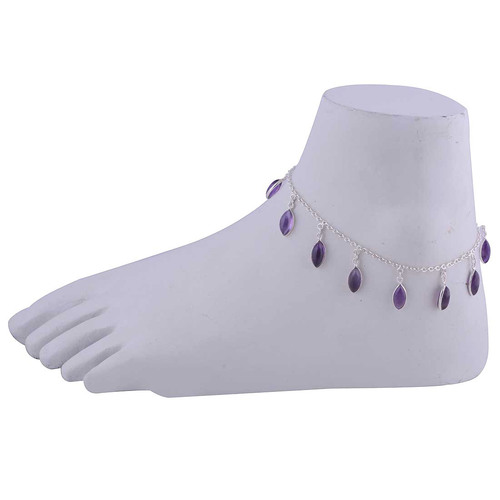 Amethyst Natural Gemstone Marquise 925 Sterling Solid Silver Handmade Anklet Size: Length: 10" Inch Extara Adustable X Width 25 Mm