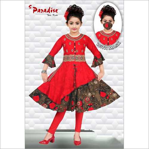 पैंट और मास्क के साथ लॉन्ग प्रिंटेड कुर्ती सेट आयु वर्ग: 1-12 वर्ष