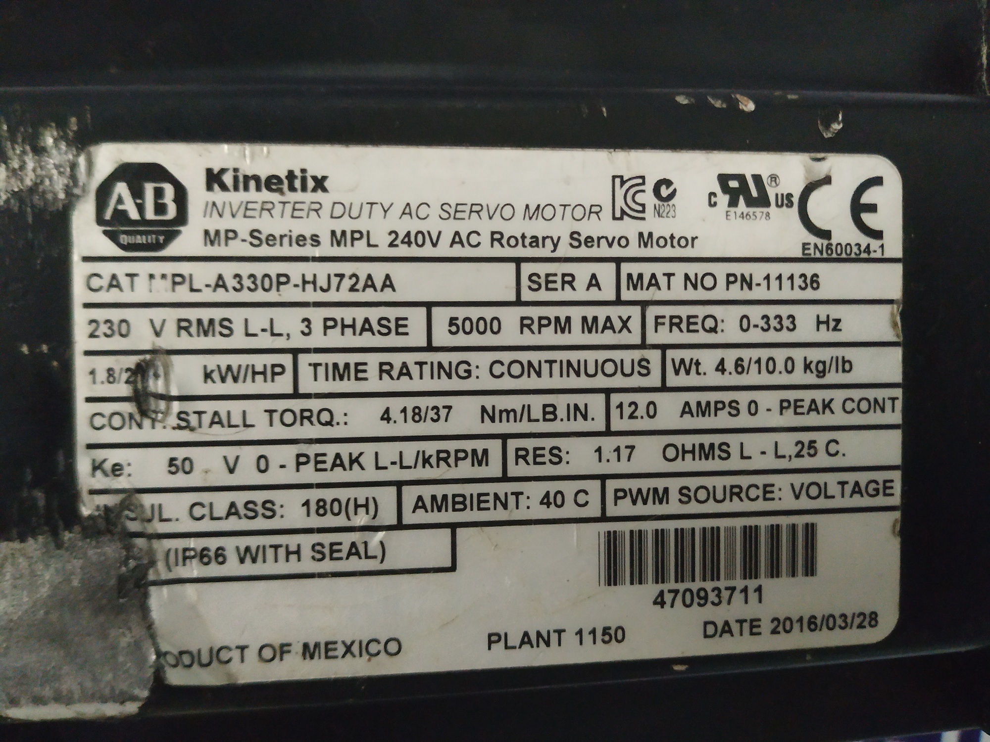 Allen Bradley Servo Motor Mpl-a330p-hj72aa