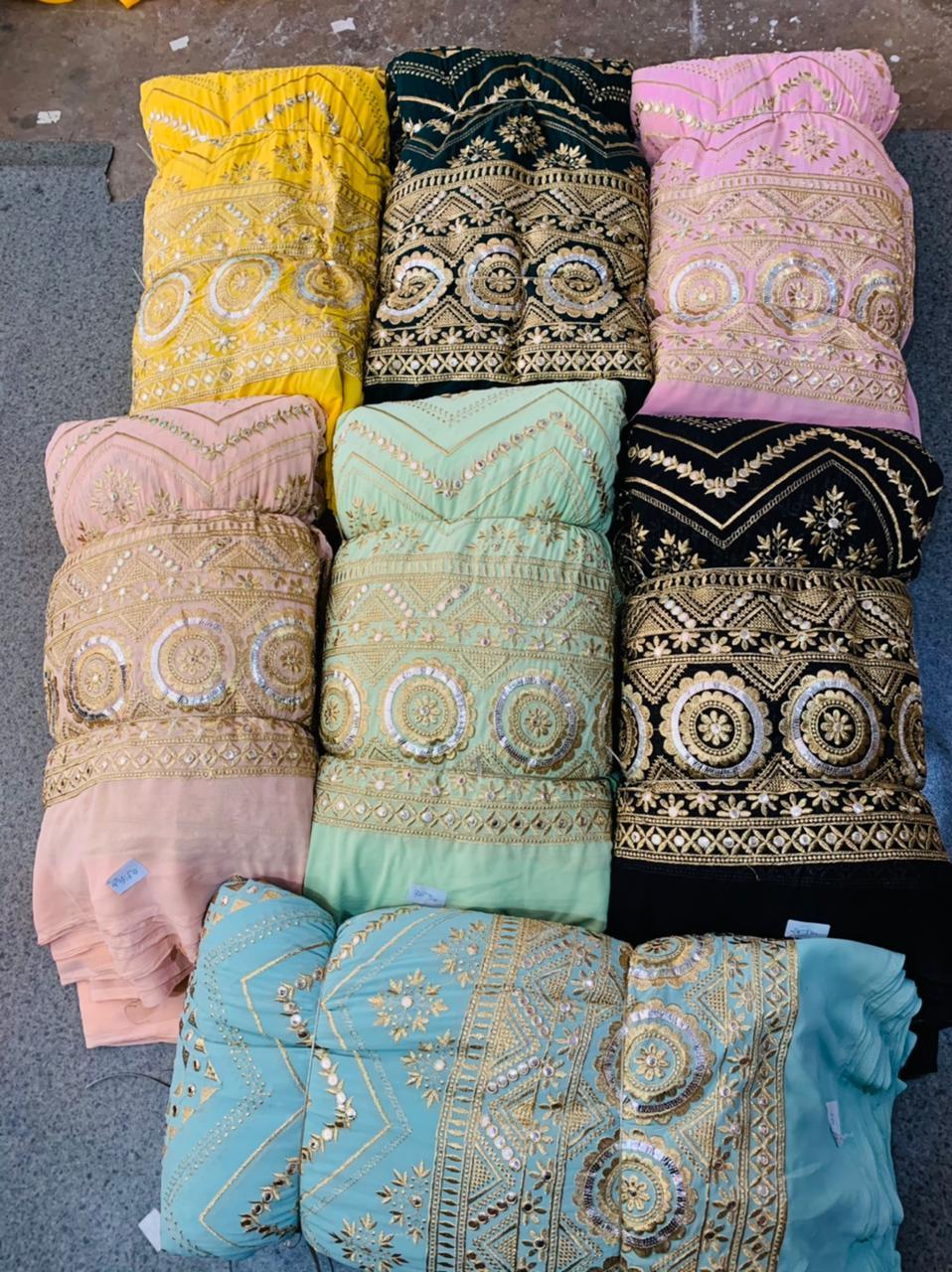 Multi Color Mirror Work Fox Georgette Embroidery Fabric