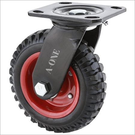 Rubber Trolley Wheel - Cast Iron Construction, 6x2 Inch Black Powder Coated Wheel, Load Capacity Under 100 kg, Swivel Movement, Plate Mount