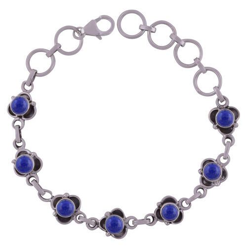 Lapis Natural Gemstone 925 Sterling Solid Silver Round Cabochon Handmade Bracelet Diameter: Length:7.5 Inch X Width:9 Mm Inch (In)