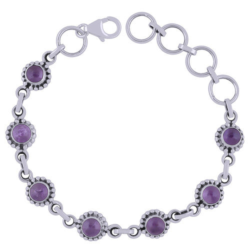 Amethyst Natural Gemstone 925 Sterling Solid Silver Round Cabochon Handmade Bracelet Diameter: Length:7.5 Inch X Width:9 Mm" Inch (In)