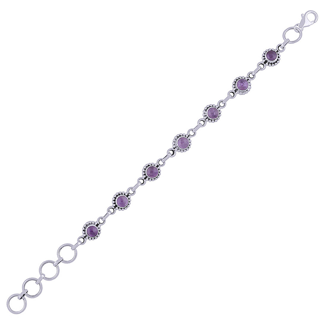 Amethyst Natural Gemstone 925 Sterling Solid Silver Round Cabochon Handmade Bracelet Diameter: Length:7.5 Inch X Width:9 Mm" Inch (In)