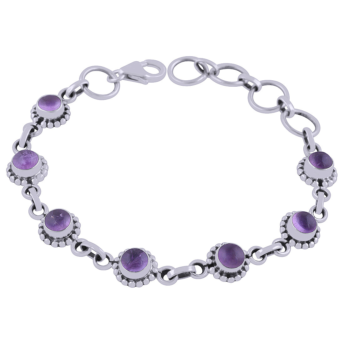Amethyst Natural Gemstone 925 Sterling Solid Silver Round Cabochon Handmade Bracelet Diameter: Length:7.5 Inch X Width:9 Mm" Inch (In)