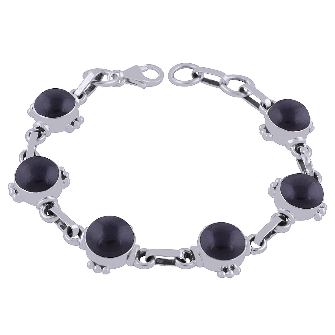 Black Onyx Natural Gemstone 925 Sterling Solid Silver Round Cabochon Handmade Bracelet Diameter: Length:7.5 Inch X Width:13 Mm Inch (In)