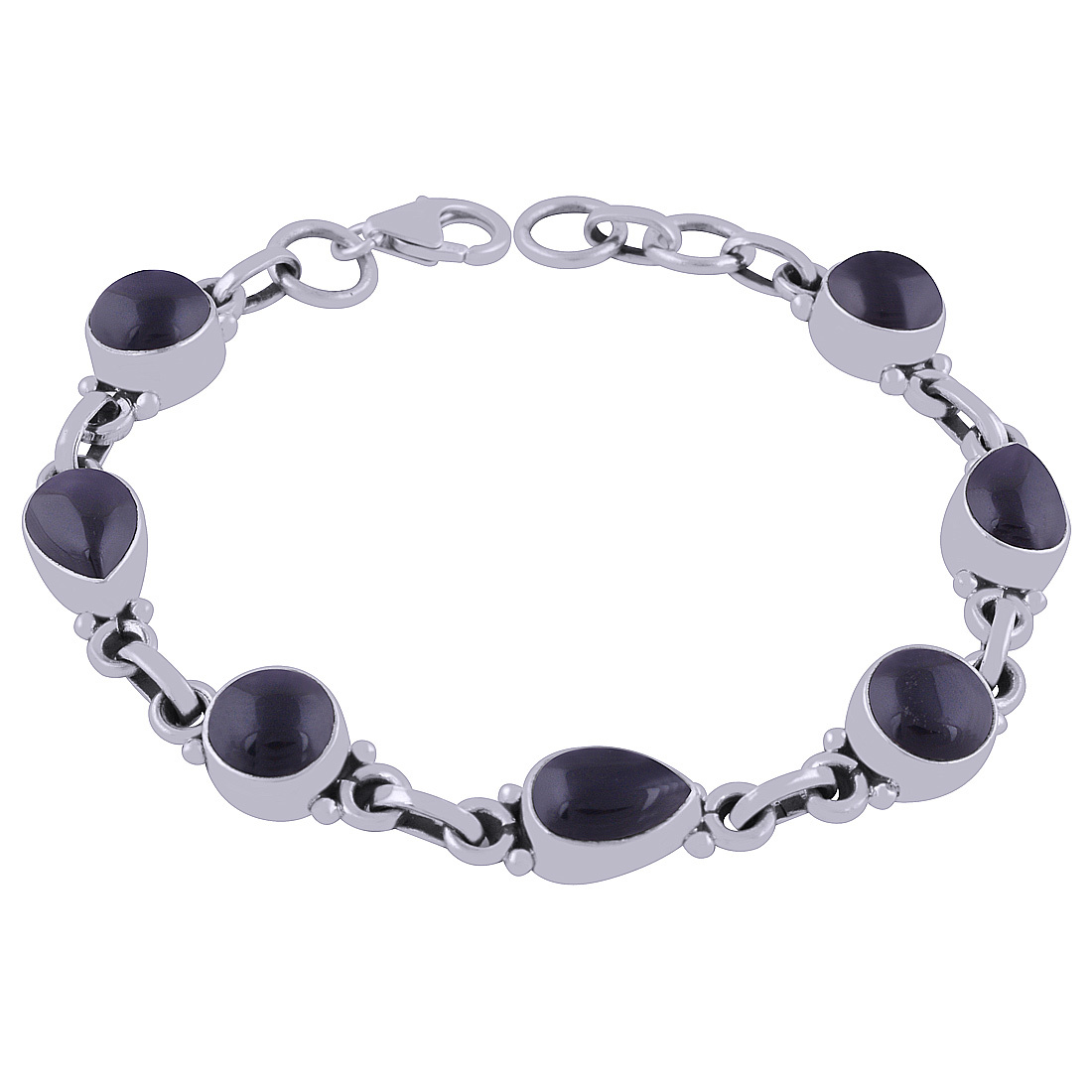 Black Onyx Natural Gemstone 925 Sterling Solid Silver Round/pear Cabochon Handmade Bracelet Diameter: Length:7.5 Inch X Width:8 Mm Inch (In)