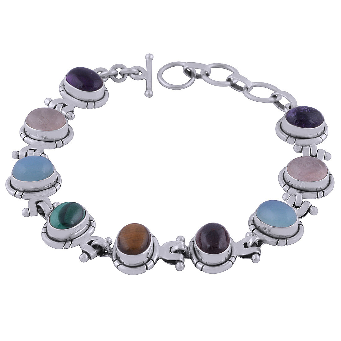 Multiple Natural Gemstone 925 Sterling Solid Silver Oval Cabochon Handmade Bracelet Diameter: Length:8.5 Inch X Width:13 Mm Inch (In)