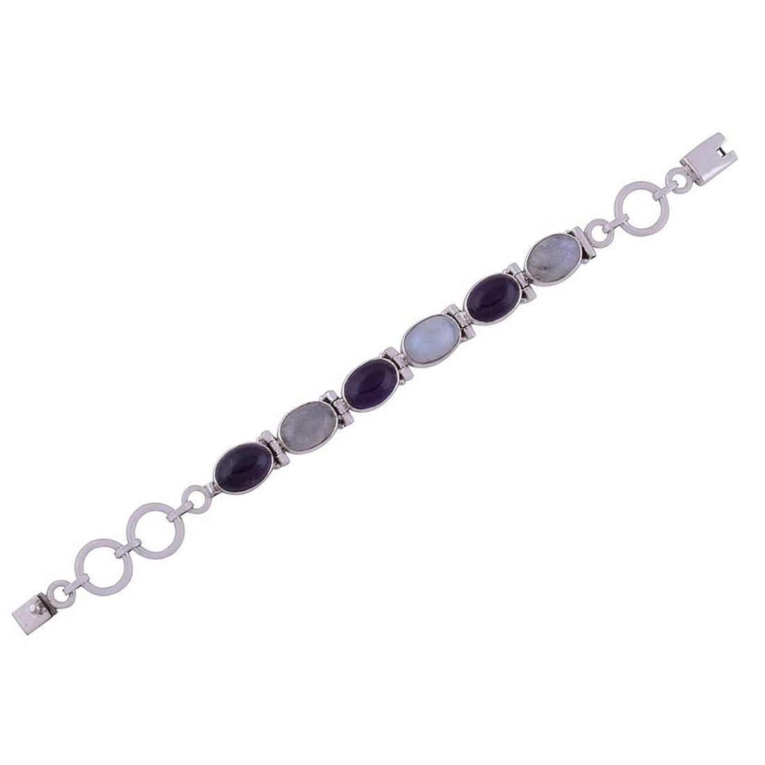 Multiple Natural Gemstone 925 Sterling Solid Silver Oval Cabochon Handmade Bracelet Diameter: Length:7.5 Inch X Width:10 Mm Inch (In)