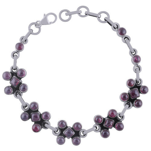 Garnet Natural Gemstone 925 Sterling Solid Silver Round Cabochon Handmade Bracelet Diameter: Length:8.5 Inch X Width:13 Mm Inch (In)