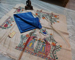 Blue Pure Tussar Ghicha Silk Plain Saree