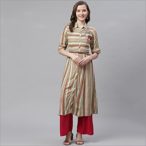 Ladies A-Line Kurti - Rayon, 45 Inch Length, Multicolor Striped Design | 3-4th Sleeve, Casual and Formal Wear, Multiple Sizes Available
