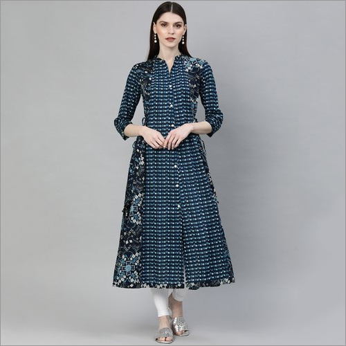Washable Ladies Navy Blue Printed A Line Kurti