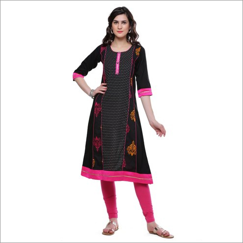 Summer Ladies Black Printed A Line Rayon And Cotton Kurti