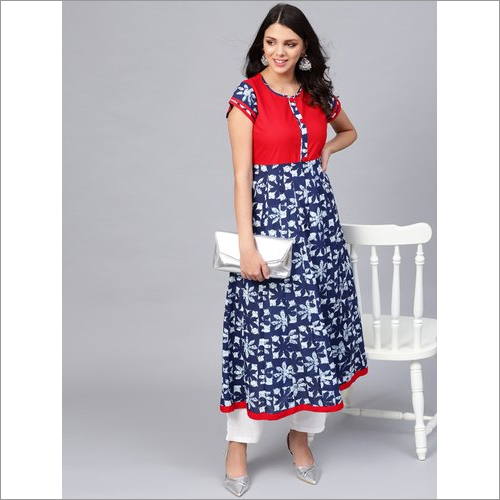 Breathable Ladies Indigo Blue Printed Cotton Anarkali Kurti