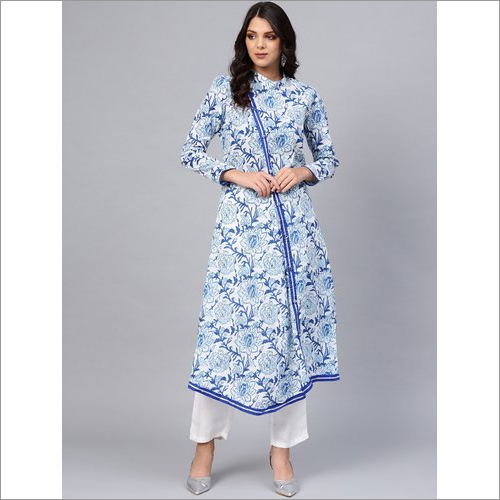 Breathable Ladies Hand Block Blue And White Printed Angrakha Anarkali Kurti