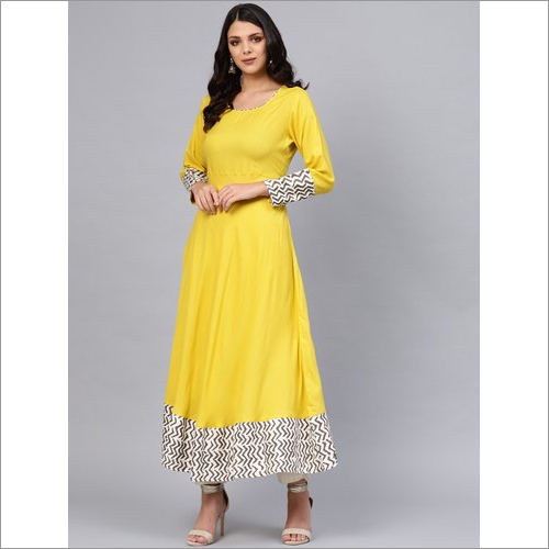 Breathable Ladies Solid Mustard Yellow Rayon Anarkali Kurti