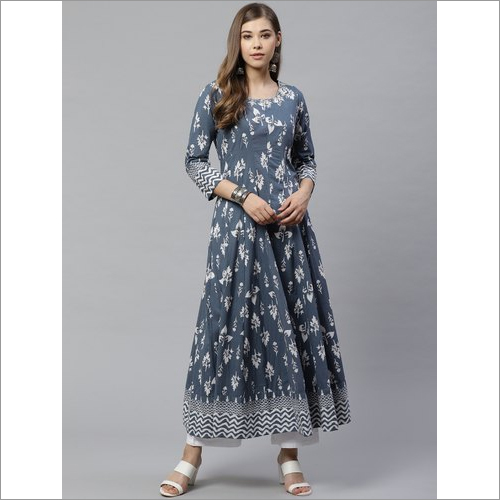 Gray Ladies Grey Cotton Gotta Patti Work Anarkali Kurti