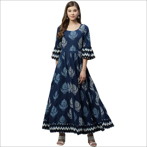 Washable Ladies Blue Long Cotton Anarkali Kurti