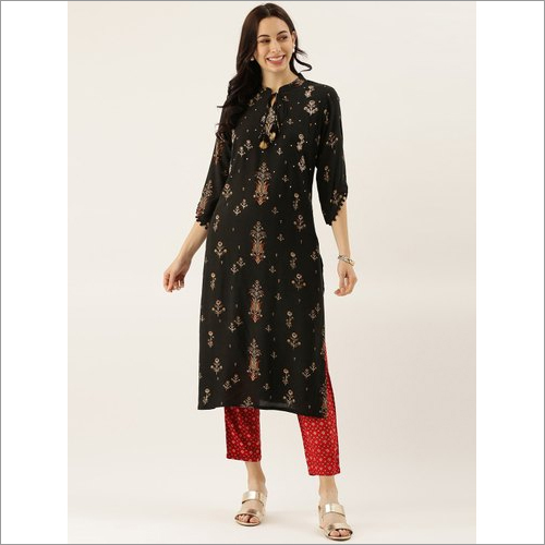 वॉशेबल लेडीज़ ब्लैक रेयॉन कुर्ती सेट